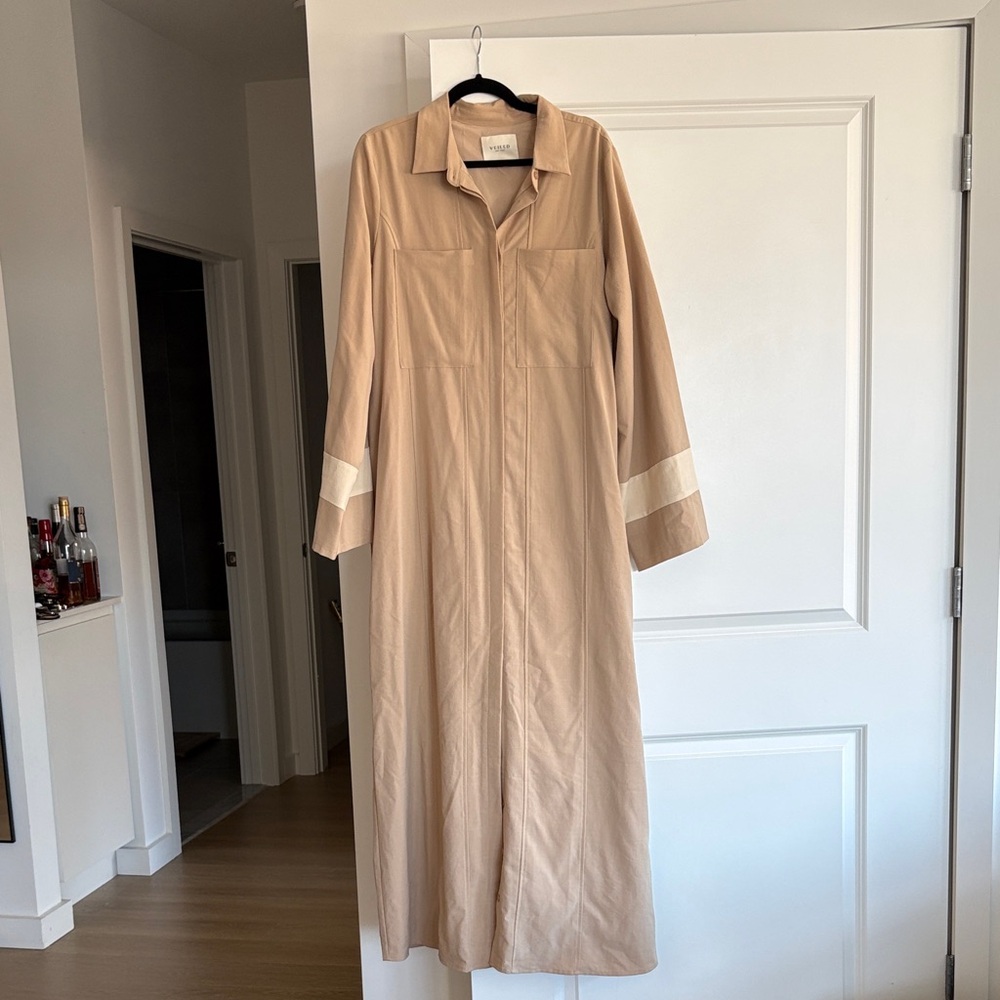 Beige Long Shirt Maxi Dress with Contrast Cuff